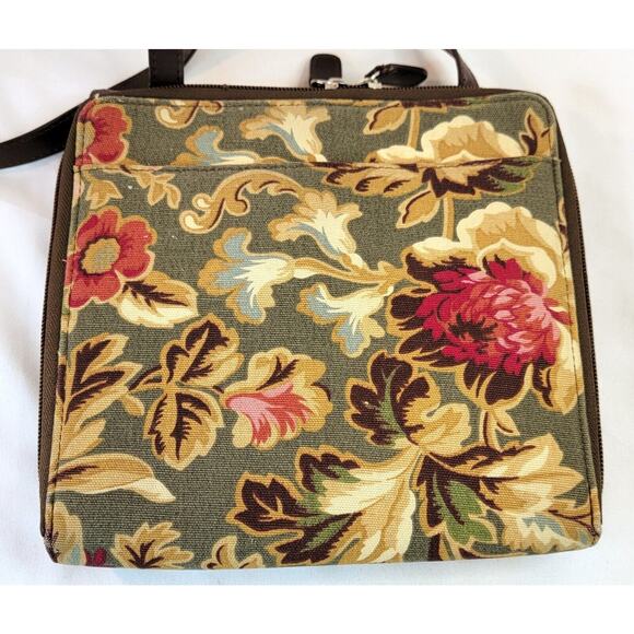 Longaberger Homestead Crossbody Bag Brown Floral Inner Pockets Adjustable Strap - Picture 5 of 13